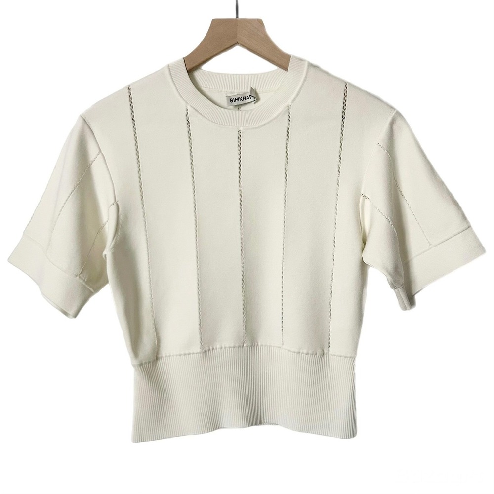 Simkhai Ivory Pointelle Knit Short Sleeve Top Ribbed Hem Crew Neck Cream Size XS - Picture 2 of 7